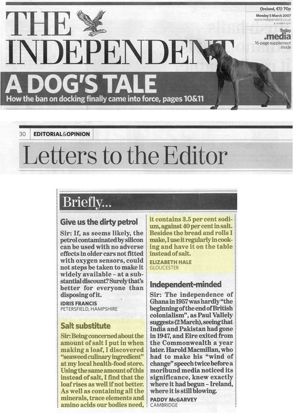 The Independent 5th March 2007 - Letter to the Editor